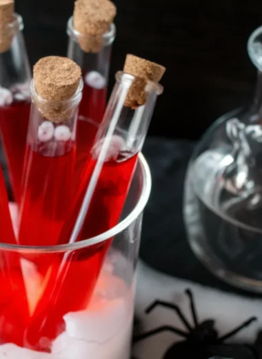 Test tubes filled with red Halloween drinks and eyeball candy, placed in a glass of dry ice with spooky decor.
