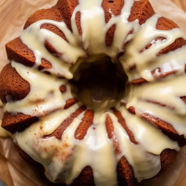 Delicious spice pumpkin bundt cake with cream cheese frosting on a decorative plate.